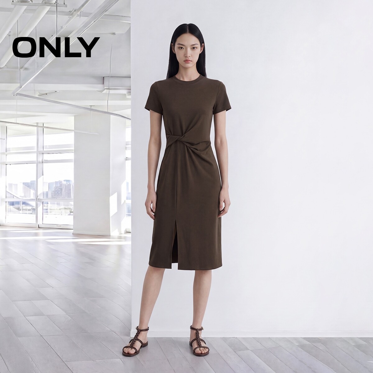 ONLY圆领纯色短袖裙子开叉连衣裙