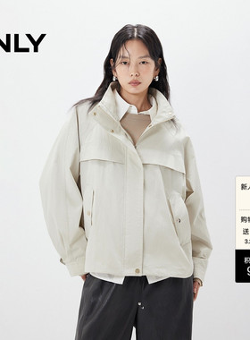 ONLY春季下摆抽绳设计纯色立领插肩袖宽松夹克外套女