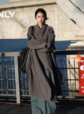 ONLY2025冬季新款垂坠荡领含绵羊毛双面呢外套中长款毛呢大衣女