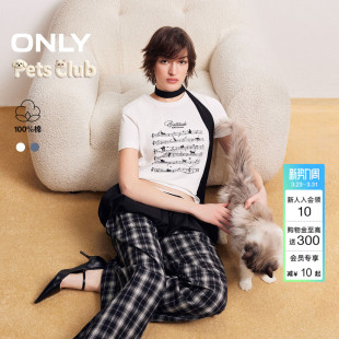 纯棉上衣猫咪印花圆领短袖 新款 ONLY2026春季 T恤女 宠物派对