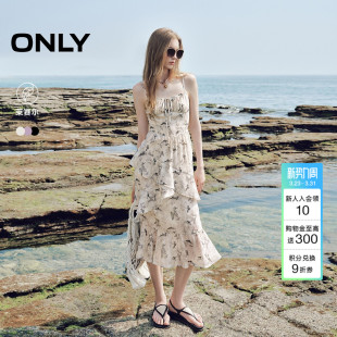 ONLY2026夏季 波嬉度假风碎花仙荷叶边收腰裙子吊带长裙连衣裙 新款