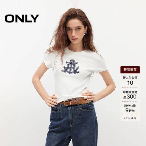 ONLY复古航海风印花修身正肩T恤