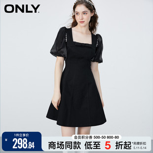 ONLY春季 方领短裙收腰显瘦弹力黑色牛仔连衣裙女 法式