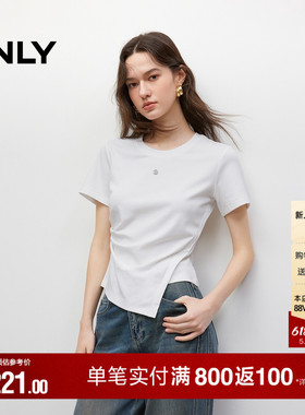 ONLY夏季收腰上衣棉感褶皱金属装饰不对称正肩圆领白色短袖T恤女