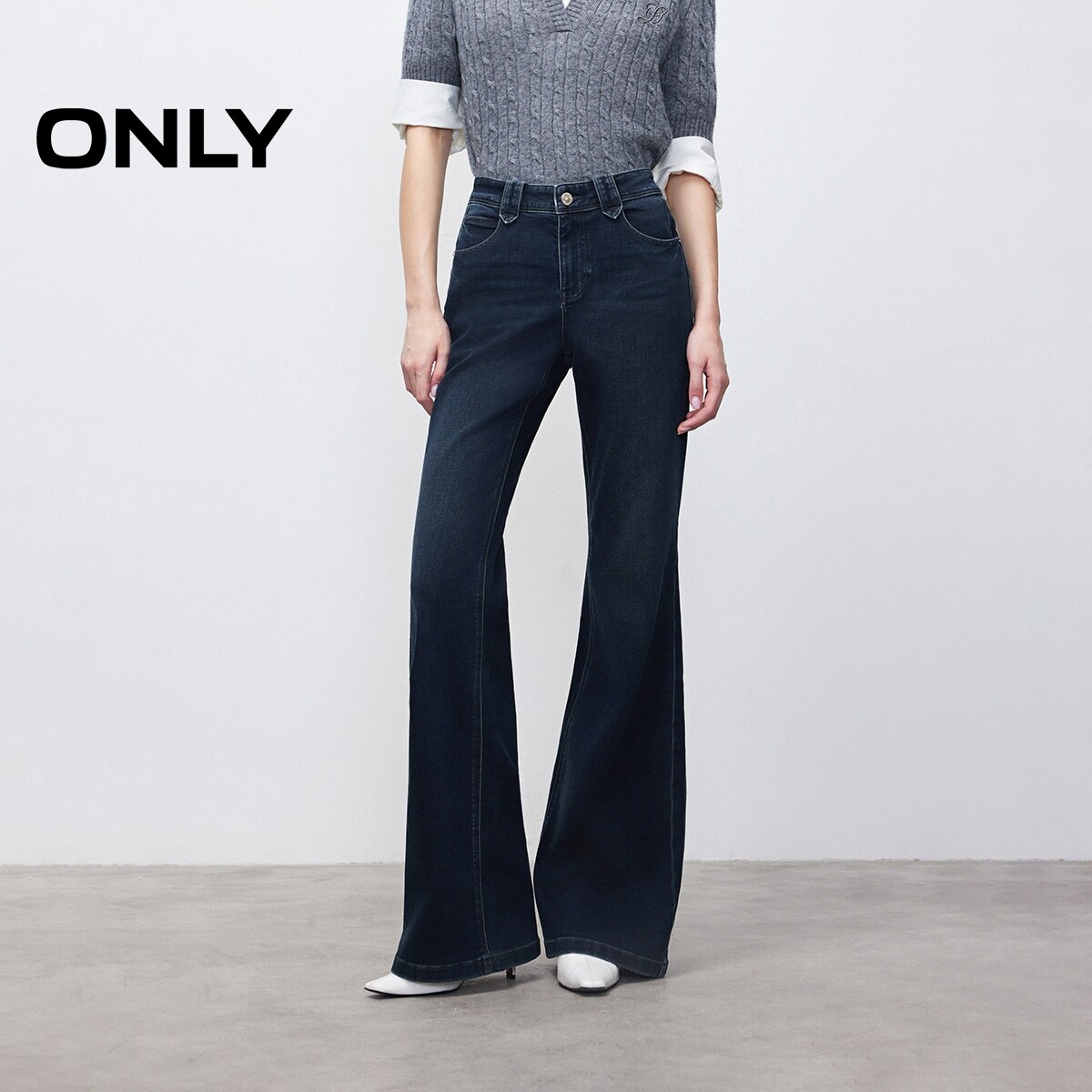 ONLY春季潮流通勤复古磨白做旧水洗低腰微喇裤长裤牛仔裤女