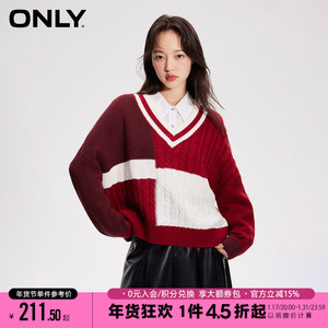 ONLY2023冬季新款时尚撞色落肩宽松长袖V领针织衫女