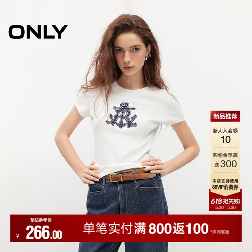 ONLY复古航海风印花修身正肩T恤