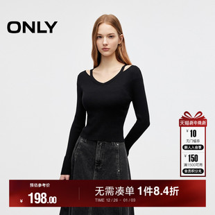 微落肩纯色针织衫 ONLY2025冬季 长袖 甜美柔软V领露肩喇叭袖 女 新款