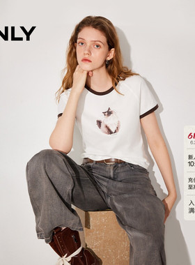 ONLY2026夏季新款猫咪动物印花圆领撞色克莱茵蓝色短袖上衣T恤女