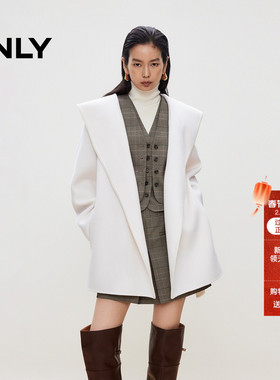 ONLY2025冬季新款慵懒风大兜帽斗篷系带绵羊毛双面毛呢大衣外套女
