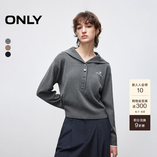 ONLY2026春季 航海风半开襟大翻领刺绣落肩长袖 针织衫 上衣女 新款