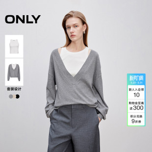 上衣女 落肩针织衫 ONLY春季 两件套通勤风圆领百搭针织长袖