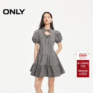 ONLY夏季气质甜美学院风泡泡袖翻领系扣镂空百褶短裙连衣裙女