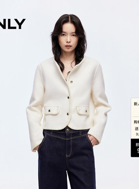 ONLY2025冬季新款双面呢含绵羊毛保暖小香风正肩短款毛呢大衣外套