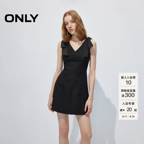 ONLY收腰绸感蝴蝶结肩带连衣裙