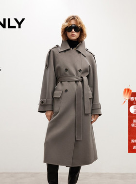 ONLY2025冬季新款宽松廓形肩章显瘦纯绵羊毛收腰翻领毛呢大衣女