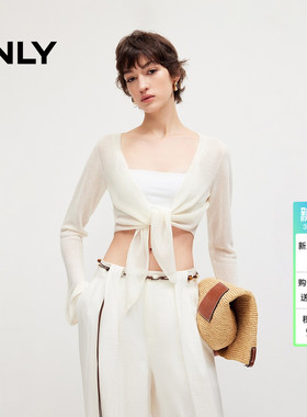 ONLY2026春季新款上衣前襟绑带喇叭袖V领纯色针织衫女|12613A022