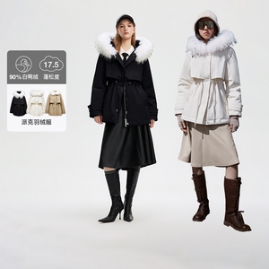 ONLY90白鸭绒抽绳连帽毛领派克羽绒服