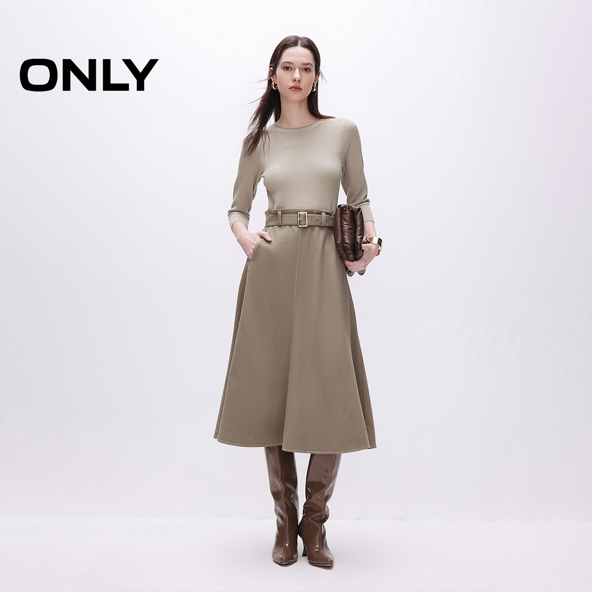 ONLY针织牛仔拼接七分袖连衣裙