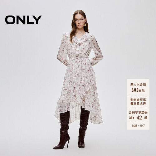 ONLY飘逸荷叶边复古印花连衣裙