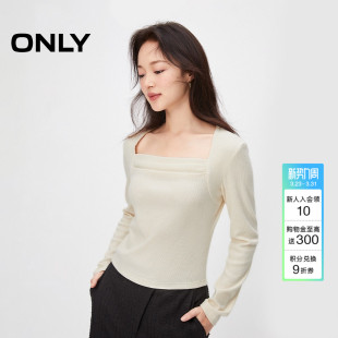 方领长袖 优雅气质同色字母褶皱设计修身 T恤女 新款 ONLY2026春季