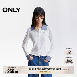 显瘦翻领长袖 ONLY2025秋季 拼接领口设计修身 新款 正肩T恤女 衬衫