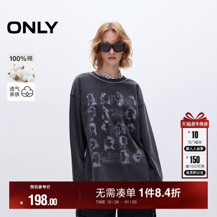 印花宽松落肩圆领卫衣女 复古水洗个性 12519S014 新款 ONLY2025秋季