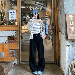 艾恩晟 牛仔裤黑色窄版阔腿裤女 高腰显瘦基础款宽松遮肉