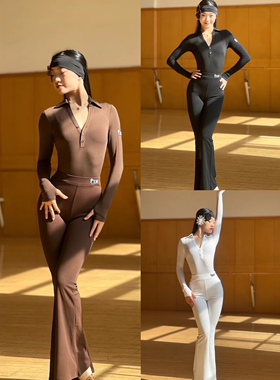 CLW拉丁舞服女士表演艺考套装衬衫v领长袖上衣喇叭裤棕色黑色白色