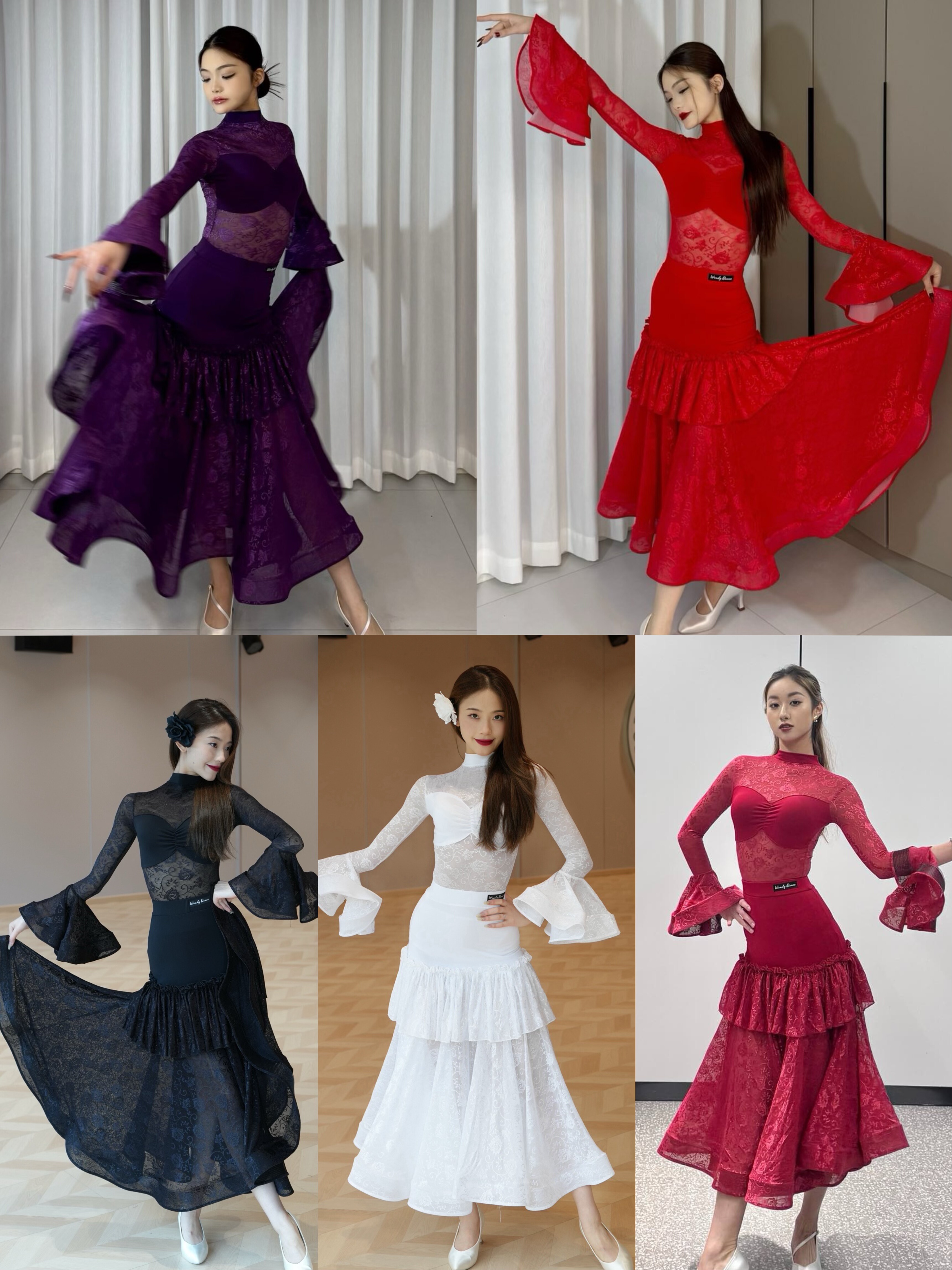 Wendy摩登舞服玫瑰纹理长袖上衣鱼骨裙套装黑白酒红紫色艺考表演