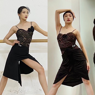CLW拉丁舞服黑色蕾丝吊带上衣不规则半身裙艺考练功服表演女
