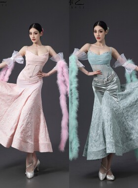 鲸艺舞服摩登舞吊带连衣裙S113雕花毛毛裙粉色绿色大裙摆鱼骨裙女