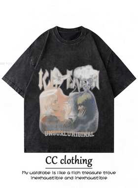 美式高街复古水洗做旧短袖t恤男夏季重磅潮流嘻哈潮牌青少年学生