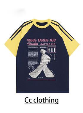 美式休闲撞色插肩T恤人物字母纯棉圆领宽松重磅短袖嘻哈男女上衣