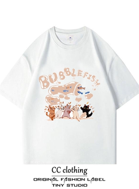 小众ins休闲百搭宽松可爱小猫字母印花纯棉圆领短袖潮牌重磅T恤