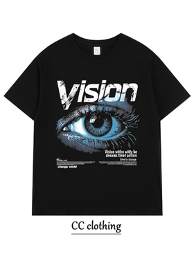 美式街头眼睛字母创意印花T恤潮牌高街纯棉男女学生圆领宽松短袖