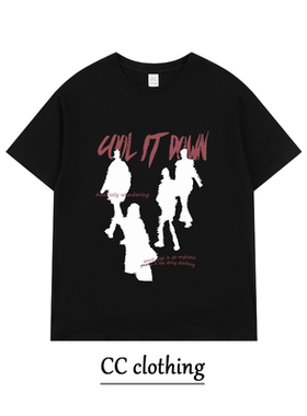 美式纯色秋冬季字母白色人影纯棉重磅短袖印花男女宽松百搭上衣