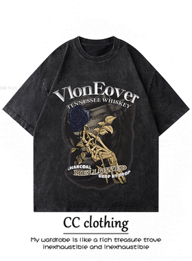 美式街头暗黑系小众骨架设计印花水洗做旧短袖潮牌高街复古T恤