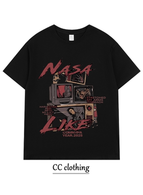 美式休闲电视机创意印花T恤潮牌高街纯棉男女学生圆领宽松短袖