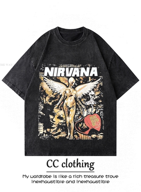 美式复古涅槃天使印花水洗做旧短袖重磅体恤潮牌高街宽松上衣