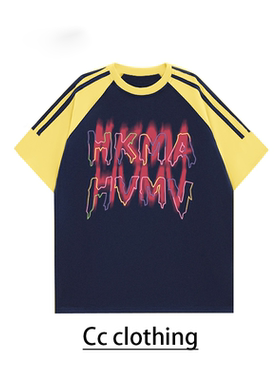 美式休闲撞色插肩T恤模糊字母纯棉圆领宽松重磅三条杠嘻哈上衣