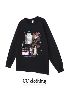 秋季新款小众ins可爱猫咪创意印花纯棉圆领短袖潮牌重磅宽松长袖