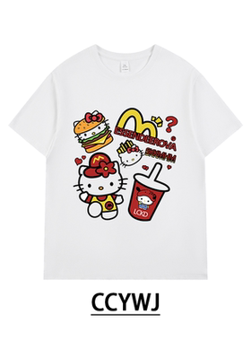 夏季高级感松弛感汉堡KT猫T恤印花纯棉百搭情侣圆领宽松短袖T恤