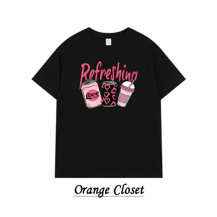 甜酷粉色汽水奶茶印花短袖女夏季纯棉宽松Refreshing字母黑色T恤