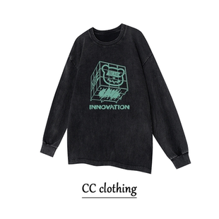 美式秋冬季高街方块暴力熊创意印花水洗做旧长袖男女潮牌百搭上衣