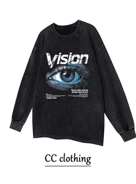 美式街头眼睛字母印花水洗做旧长袖潮牌纯棉男女学生圆领宽松上衣