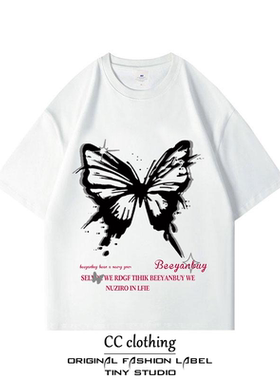 美式小众街头男女蝴蝶字母设计印花纯棉圆领短袖潮牌重磅百搭T恤