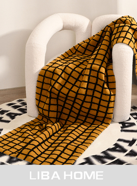 软装样板房北欧简约现代儿童高端橙色豹纹方格图形搭毯针织床尾毯