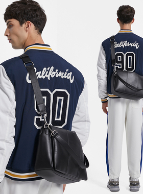 2025新品男士潮流通勤斜挎包高级感大容量皮质单肩包休闲邮差包男