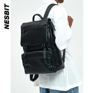 NESBIT高级感男士双肩包商务通勤大容量皮质背包时尚电脑包登山包